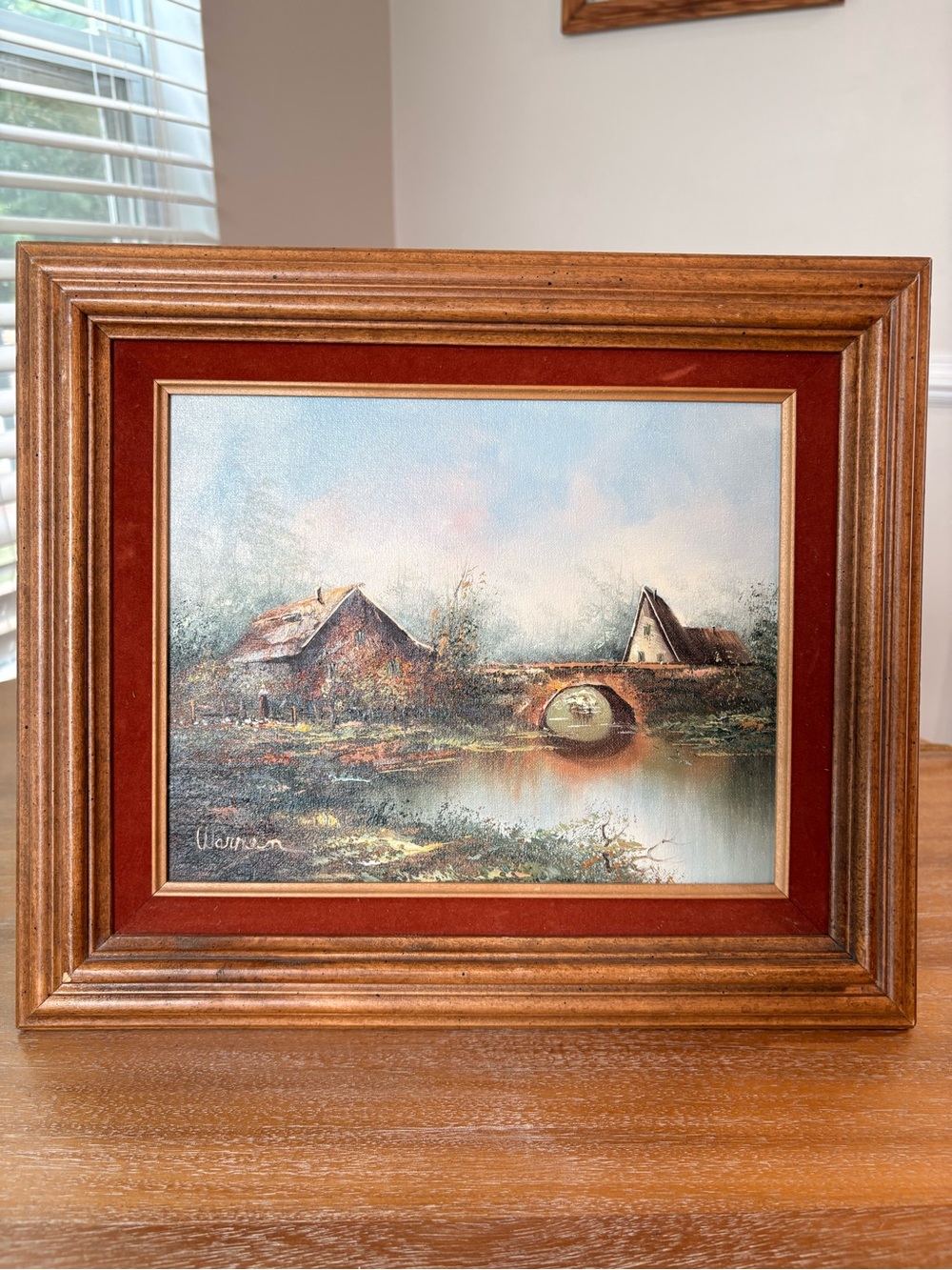 Framed Rural Landscape Painting in Brown and Red